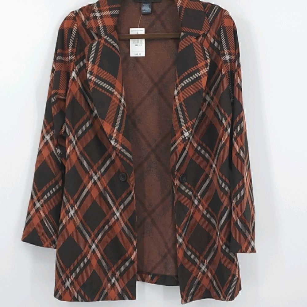 ASHLEY STEWART PLAID ONE BUTTON KNIT BLAZER